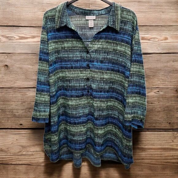 Catherines Button Up Tunic Top Womens 4X Black Green Striped 3/4 Sleeves Casual - Picture 1 of 8